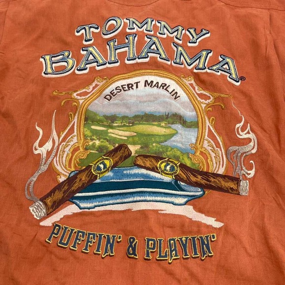 Tommy Bahama Desert Marlin Puffin Playin Silk Button Up Shirt Mens M - Picture 1 of 10